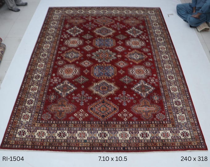 Hand-knotted Wool Kazak Rug, Red Geometric Design (7.10 x 10.5 ft)