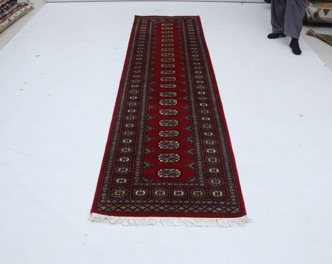 2.7 X 9.9 ft Red Geomatrical Runner Handmade, Mori Bokhara Cotton and Wool