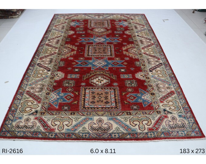 Hand-Knotted Wool Rug, Super Kazak Geometric Design, Beige and Red, 6.0 x 8.11 ft