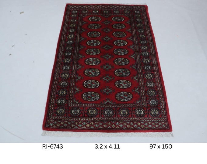 Hand-knotted Mohri Bokhara Cotton and Wool Rug, Geomatrical in Red base and Red border, 3.2 x 4.11 ft