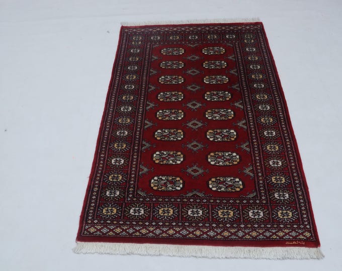 3.0 X 5.1 ft Red Geomatrical Handmade ,Mori Bokhara Cotton and Wool