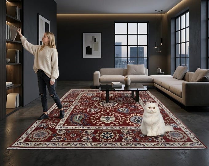 8.11 X 11.6 ft Red and Red Floral Handmade ,Heriz Cotton and Wool