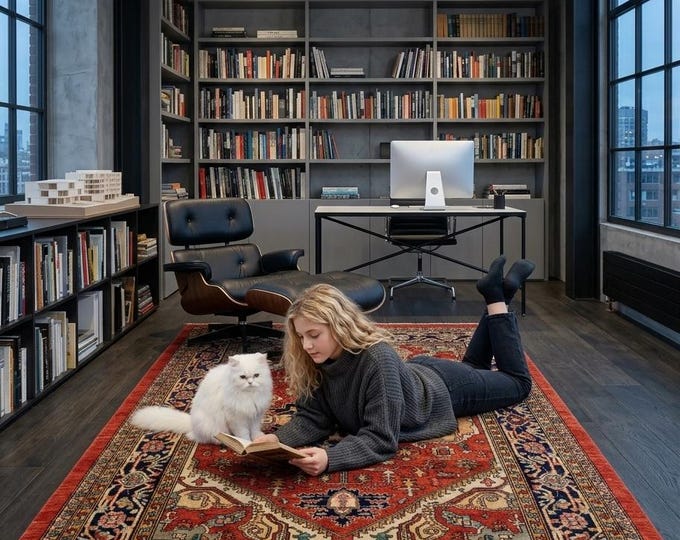 8.1 X 9.8 ft Blue and Copper Floral Handmade ,Oshak Wool