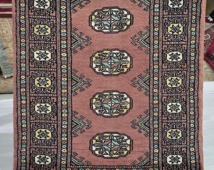 2 X 3 ft Copper Geometrical Handmade, Mori Bokhara Cotton and Wool