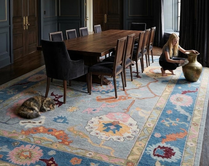 9.0 X 12.0 ft Blue Floral Handmade ,Oshak Wool