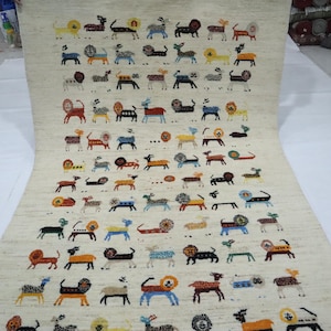5x8 Gabbeh Area Rug - Beige Afghan Handmade Colorful Animal Motif Veg Dye Wool Rug - Tribal Rug - Folk Art Rug - Durable And Stylish Rug