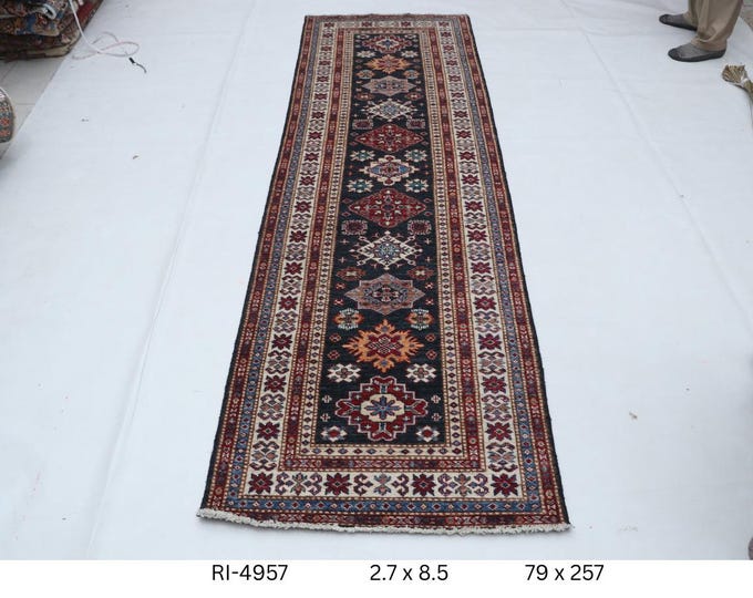 Hand-knotted Super Kazak Cotton and Wool Rug, Geomatrical in Blue base and Beige border, 2.7 X 8.5 ft