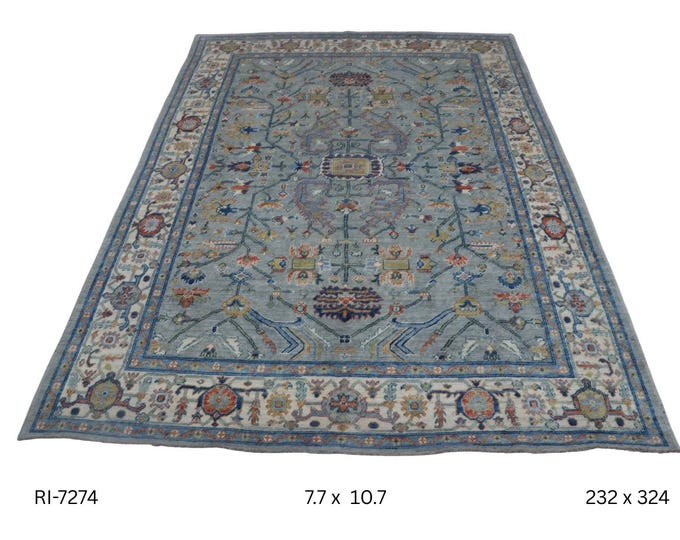 Hand-knotted Oshak Wool Rug Floral  in Blue base and Beige border, 7.7 x 10.7 ft