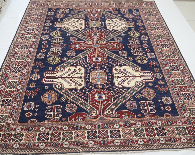 Dark Blue Kazak Rug 8x11 – Handmade Afghan Wool, Vegetable Dye