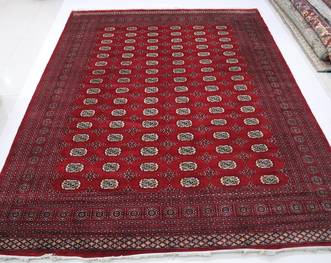 9x12 Ft Hand-Knotted Wool Mori Bokhara Rug, Deep Red Tribal Geometric Rug