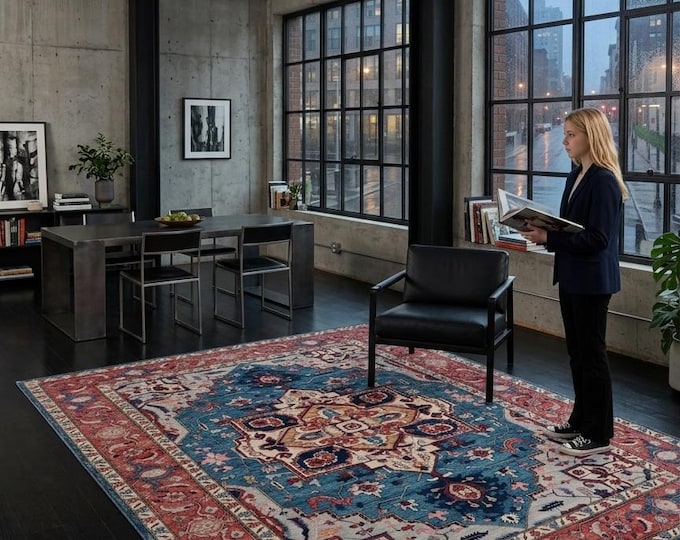 9.1 X 11.11 ft Blue and Copper Floral Handmade ,Oshak Wool