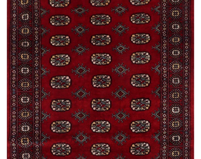 4 X 6 ft Red Geometrical Handmade , Mori Bokhara Cotton and Wool