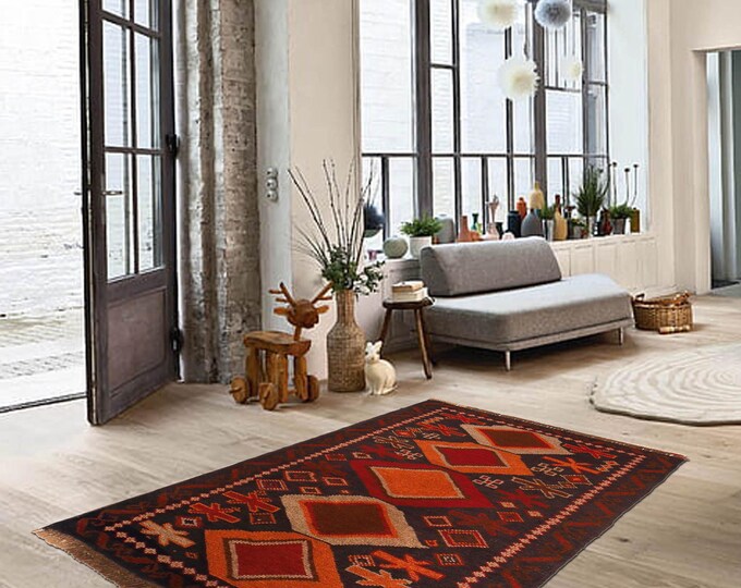 Hand-knotted Baluchi in Blue and Orange 2.95 x 4.59 ft