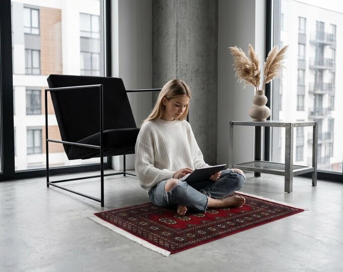 2.8X 3.8 ft Red Geomatrical Handmade Runner, Mori Bokhara Cotton and Wool