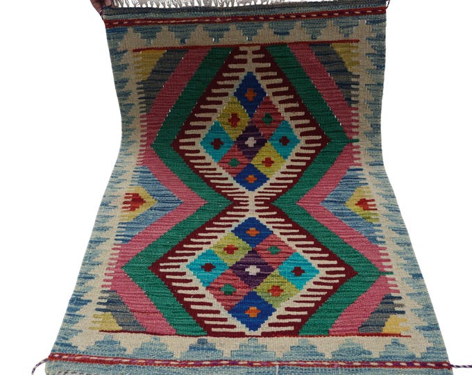 2 X 3 ft Handmade Geometrical Killim Rug, Muilty, Wool