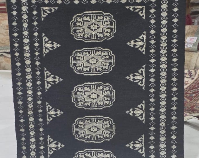 2 X 3 ft Black Geometrical Handmade, Mori Bokhara Cotton and Wool