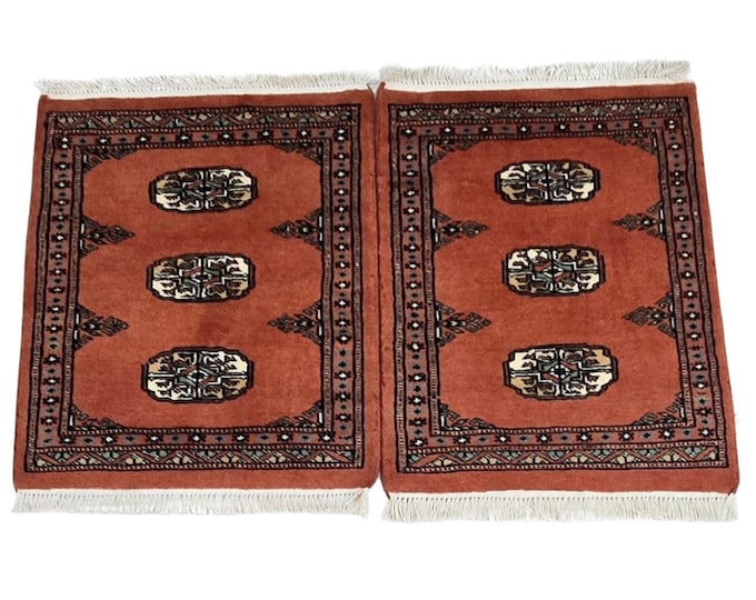 1.5 x 2 ft Geometrical Handmade, Orange Mori Bokhara Rug Cotton and Wool (2  pieces)