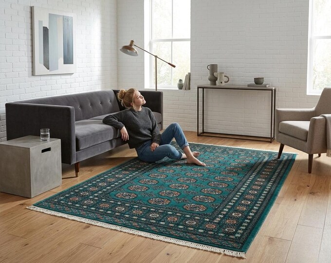 4.3 X 6.2 ft Green Geomatrical Handmade Runner, Mori Bokhara Cotton and Wool