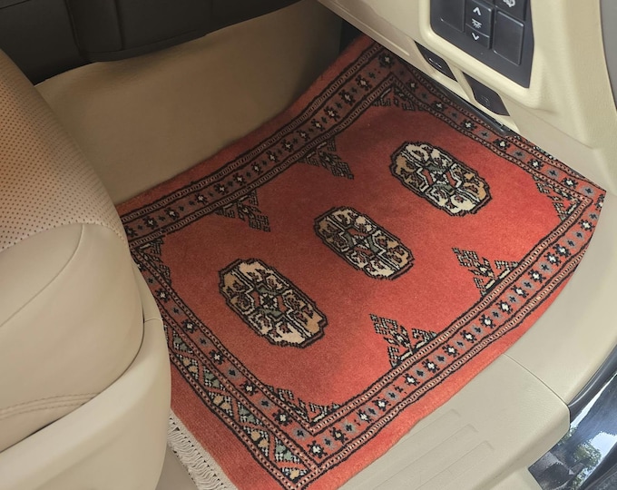 1.5 X 2 ft Geomatric Handmade Car Mats Pair, Orange Wool Car Floor Rugs, Cotton and Wool