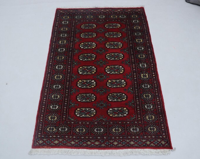 3.1 X 4.9 ft Red Geomatrical Handmade ,Mori Bokhara Cotton and Wool