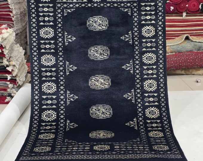 3 X 5 ft Black Geometrical Handmade, Mori Bokhara Cotton and Wool