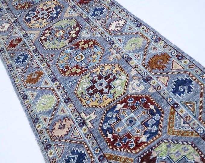 14 Ft Ersari Runner Rug, Afghan Hand Knotted Wool, Geometric Gray Entryway Runner