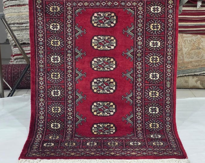 2.5 X 4 ft Red Geometrical Handmade, Mori Bokhara Cotton and Wool