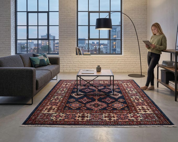 5 X 7 ft Blue and Beige Geomatrical Handmade , Super Kazak Cotton and Wool