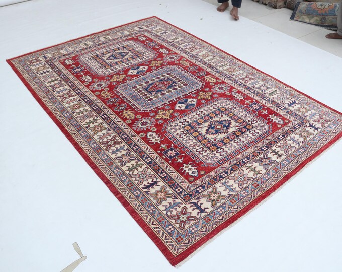 5.5 X 7.10 ft Red and Beige Geomatrical Handmade , Super Kazak Cotton and Wool
