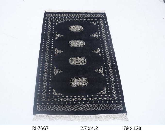 Hand-knotted Mori Bokhara Cotton and Wool Rug, Geomatrical in Black base and Black border, 2.7 x 4.2 ft
