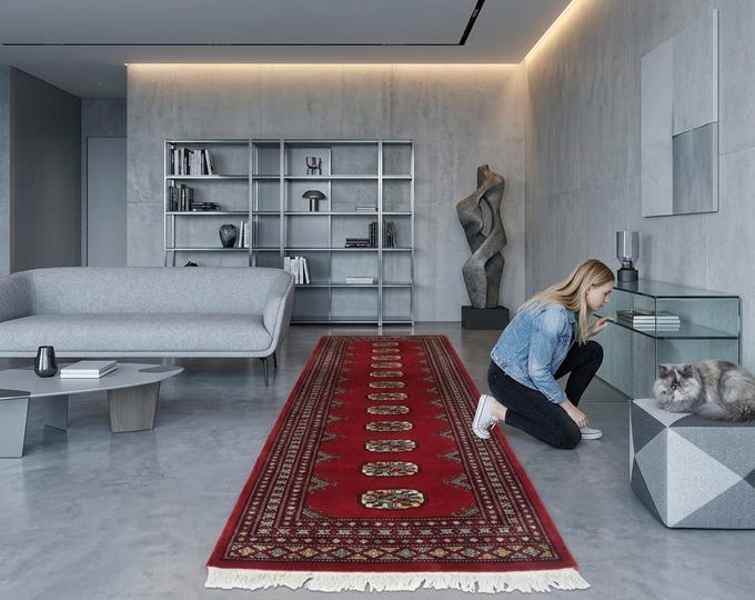 2.0 X 5.10 ft Red Geomatrical Runner Handmade, Mori Bokhara Cotton and Wool