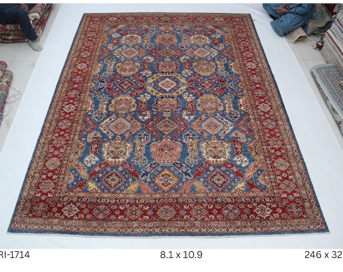 Hand-knotted Kazak Wool Rug, Blue and Red, 8.1 x 10.9 ft