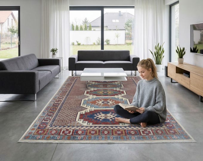 5.8 X 8.3 ft Red Geomatrical Handmade , Super Kazak Cotton and Wool