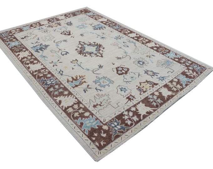 6.2 X 8.8 ft Brown and Beige Floral Handmade ,Oshak Wool