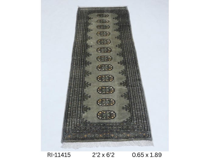 Hand-knotted Mohri Bokhara Cotton and Wool Rug, Geomatrical in Gray base and Gray border, 2.2 x 6.2 ft