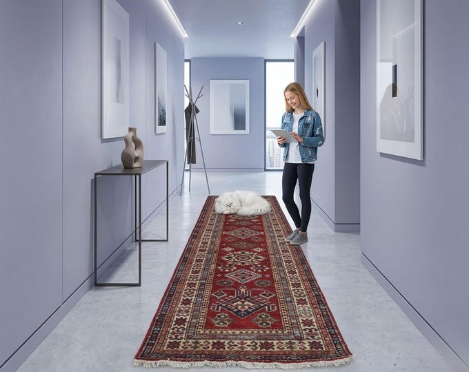 2.7 X 8.2 ft Red and Beige Geomatrical Handmade Runner , Super Kazak Cotton and Wool