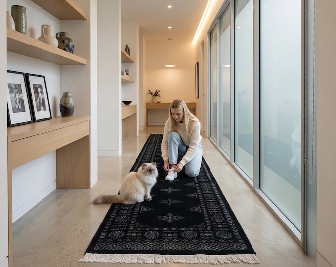 2.8 X 11.9 ft Black Geomatrical Handmade Runner, Mori Bokhara Cotton and Wool