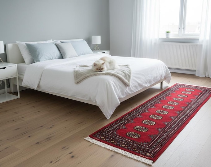 2.0 X 6.3 ft Red Geomatrical Runner Handmade, Mori Bokhara Cotton and Wool