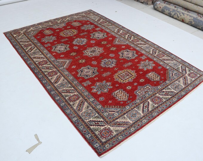 5.6 X 8.0 ft Red and Beige Geomatrical Handmade, Super Kazak Cotton and Wool