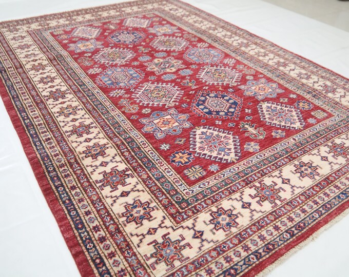 6x8 Red Wool Kazak Rug – Handmade Afghan Geometric Rug
