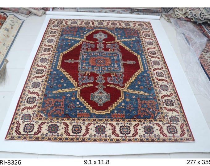 Hand-knotted Heriz Cotton and Wool Rug, Floral in Red base and Beige border, 9.1 x 11.8 ft