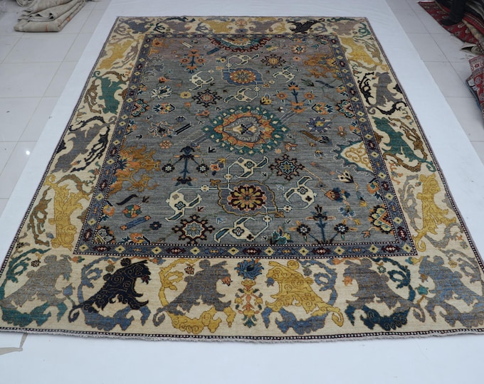 8.10 X 12.2 ft Gray and Beige Floral Handmade ,Oshak Wool