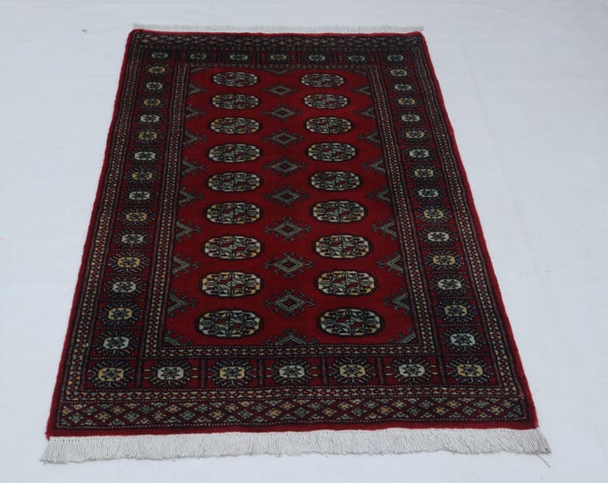 3 X 5 ft Red Geomatrical Handmade, Mori Bokhara Cotton and Wool
