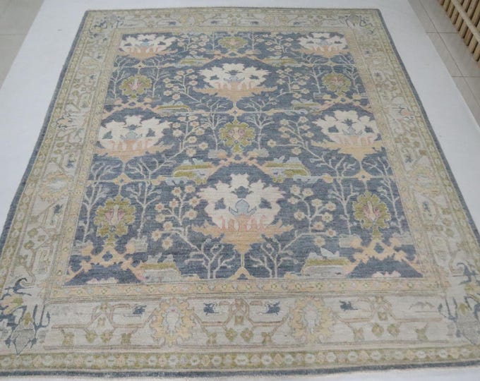 8x10 Ft Gray Oushak Rug, Hand Knotted Wool, Floral Design