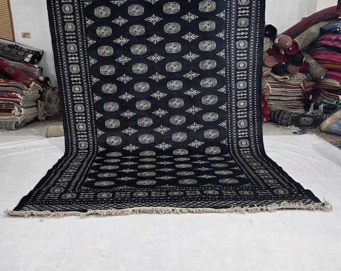 7 x 10 ft Black Geometrical Handmade, Mori Bokhara Cotton and Wool
