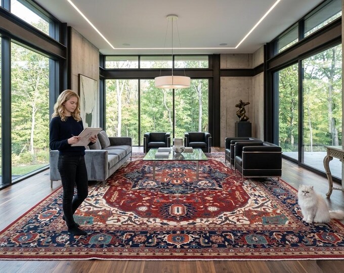 12.5 X 14.10 ft Red and Blue Floral Handmade ,Heriz Cotton and Wool