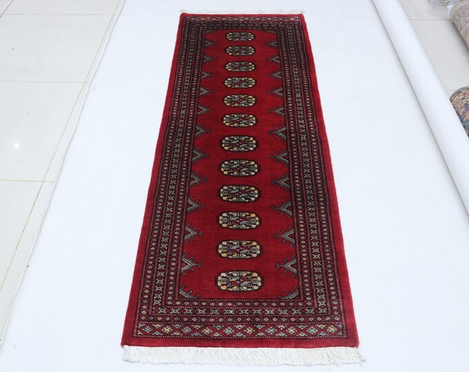 2.1 X 5.10 ft Red Geomatrical Runner Handmade, Mori Bokhara Cotton and Wool