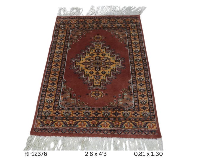 Hand-knotted Wool and Silk Touch Rug, Copper and Yellow Geometric Design, 2.8 x 4.3