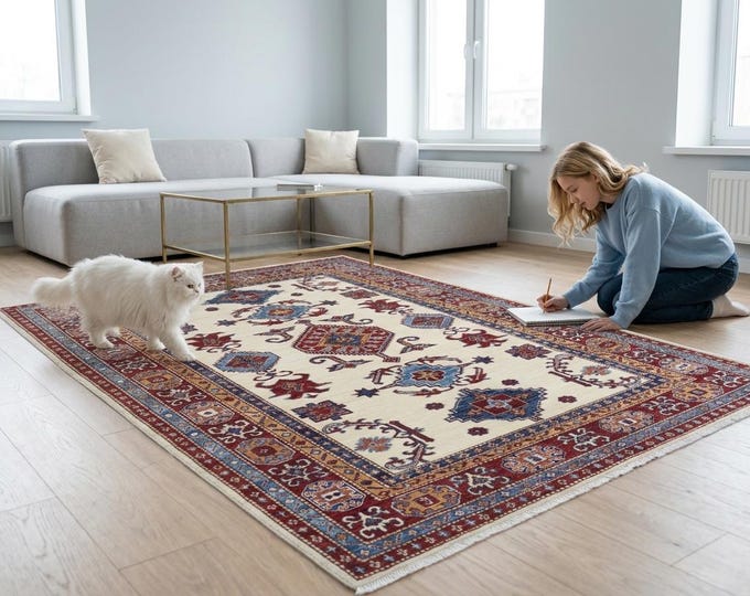 4.8 X 6.1 ft Beige and Red Geomatrical Handmade, Super Kazak Cotton and Wool