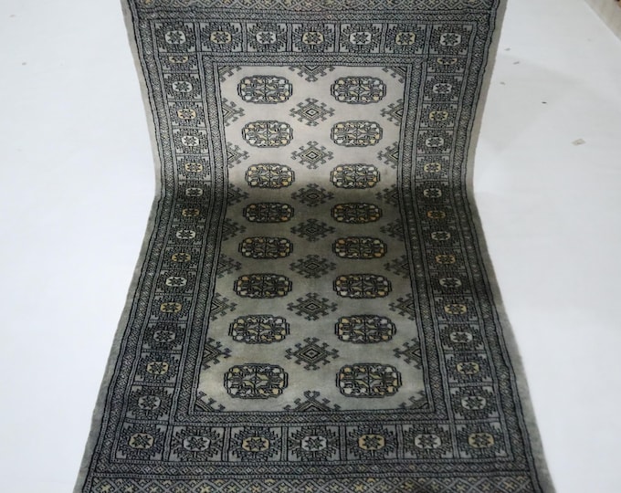 Hand Knotted Gray Wool Mori Bokhara Rug, 3x5 Tribal Geometric Rug